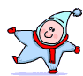 Animated sequence of a light blue star-shaped character in a red scarf and hat with a pom-pom, performing a walking motion across a gray background.