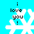 Pixelated white snowflake with black text 'i love you!' on cyan background, four identical static views arranged in a