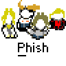 Animated contact sheet of 12 frames showing a pixel art character sequence with fish-like and human figures, each labeled "Phish" below.