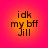 Four identical circular icons with gradient orange-to-pink backgrounds display pixelated text reading "idk my bff Jill" in black font.