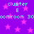 Pixelated purple background with pink stars and cyan text repeating 'cluster E' and 'oomroom 30' in a pattern