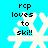 Pixelated white snowflake on cyan background with black text 'rcp loves to ski!!' in four identical quadrants.