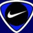 Blue shield-shaped icon with white border containing white Nike swoosh, surrounded by blue gradient background, with blue text 'JUST DO IT!' on black background.