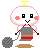 A 4-frame pixel art animation of a round white character with pink cheeks, black square eyes, and a yellow antenna holding a gray yarn ball on a string.