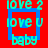 Animated contact sheet showing three frames of a buddy icon with layered text and nested square borders in red, blue, and cyan colors.