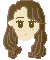 Pixel art of a female character with long brown hair, light skin, and closed eyes in one view, open eyes in another, against a gray background.