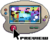 Pixel art icon of a beige handheld gaming device with colorful game screen, red button press, and "PREVIEW" text below.