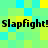 A static pixelated image with repeating text "Slapfight! Slapfight!" in bold black font across two horizontal bands on a checkered background of cyan and yellow squares.
