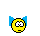 Yellow circular face with wide eyes and blue cat ears, performing sequential actions involving a blue water-like substance.