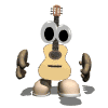 Animated guitar-shaped character with large round eyes, brown gloves, and beige feet in various poses.