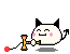 Pixel art cat avatar with black ears and tail, pink cheeks, holding a yellow and brown object with red spherical ends, in four sequential poses showing motion.