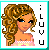 Pixelated cartoon-style icon of a woman with curly brown hair wearing a pink and white checkered top, next to vertical black text 'i L U V U' on a white background with cyan border.