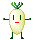 Pixel art contact sheet of six animated frames showing a radish-shaped character with green leafy top, white body, and red mouth in various poses against gray background.