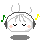 Pixelated cloud avatar with closed eyes and pink cheeks wears headphones, surrounded by colored musical notes on gray background.
