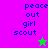Pixelated text 'peace out girl scout' on two colored backgrounds with a star symbol, one frame showing a green star and the other a pink star.