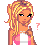Pixel art contact sheet showing a blonde character in various poses with text elements and question marks, rendered in pink/orange/white colors on transparent background.