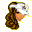 Pixel art contact sheet showing two frames of an animated icon featuring a cartoon woman with brown hair and white visor, plus stylized pink text on gray background.