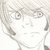 Pixelated grayscale image of a stylized character with large eyes, a small nose, and a neutral mouth, set against a light background.