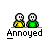 Pixel art of two figures with yellow and green clothing, one with a speech bubble saying "HEY!" and the other with red marks on their faces, all labeled "Annoyed" below.