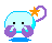 A 4-frame animated contact sheet of a pixelated cartoon character with light blue body, purple hands, and yellow star on a curved purple tail against gray background.