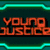 Pixelated cartoon-style image of five characters with 'YOUNG JUSTICE' text in orange on teal background with cyan lines.