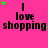 Pink background with black text "I love shopping" and green/pink star animations.