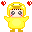 Pixel art character in yellow hooded outfit with brown shoes, shown in four poses with red heart symbols on gray background.