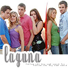 Group of six people standing closely together in casual clothing with a red pole behind them and 'laguna' text at the bottom.