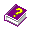 Six pixelated icons on gray background: five purple books with white pages and yellow question marks, one blonde woman with red lips.