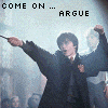 Four- shows characters from Harry Potter with text overlays: one character casts a spell, another smirks, and two others duel with wands