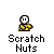 Pixelated character with white face and yellow body in crossed-arms pose, labeled 'Scratch Nuts' below, on gray background.