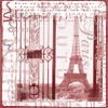 A static icon featuring a red-toned Eiffel Tower illustration with decorative borders and partially visible text elements.