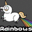 Pixelated white unicorn with golden horn and tail, rainbow streamer from rear, on dark gray background; text "Rainbows" below.