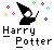 Pixel art animation of a wizard character with wand and floating colored dots, displayed in a 3x3 contact sheet grid with "Harry Potter" text beneath each frame on gray background.