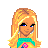 Pixel art contact sheet showing multiple views of a blonde female character in casual clothing with pink text and palm tree icon, arranged on white background with gray transparency indicator.