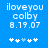 Blue background with white pixelated text reading 'iloveyou colby 8.19.07' and five star symbols below, where the third star changes from light blue to white between frames.