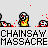 Pixelated character with white head and yellow body in various poses, red splatters on background, repeated text "CHAINSAW MASSACRE" below.
