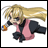 Pixelated anime-style character with long blonde hair, pink and black outfit, holding a small object, next to text reading 'Anime IM' and 'COM' on black background.