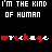Pixelated text displays 'I'M THE KIND OF HUMAN THAT YOU LOVE' with red glitch effects on a black background, featuring repeated phrases and partial letter distortions.