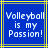 Blue background with yellow and green lines, white pixelated text reading "Volleyball is my Passion!" in three lines