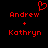 Red pixelated text and symbols on black background: 'Andrew' above '+' above 'Kathryn', with a red heart symbol above 'Andrew'.