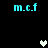 Pixelated cyan text 'm.c.f' appears in four corners above two white hearts and one gray heart on a black background.