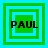 Four green square icons with blue borders display the name 'PAUL' in black text, each showing different border layer arrangements.