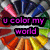 A circular arrangement of colorful crayon tips surrounds a central white space, with text reading "u color my world" in purple on black.