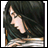 A pixelated anime-style character with long dark hair and a striped garment, positioned next to a black background with stylized text.