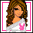 Pixel art contact sheet of an animated AIM buddy icon featuring a cartoon woman with brown hair, white off-shoulder top, black pants, and pink Playboy bunny logo across multiple frames showing different poses and text variations.