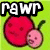 Pixelated cherry icon with 'rawr' text in white and black outline, showing animation changes