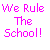 Pixel art image with two female characters in school lockers and text reading "We Rule The School!" on a white background.