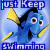 Animated blue fish with yellow fins and black stripes swims against light blue background, text 'just Keep' appears above and below the fish.