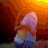 A cartoon character with pink hair and purple clothing stands against an orange gradient background.